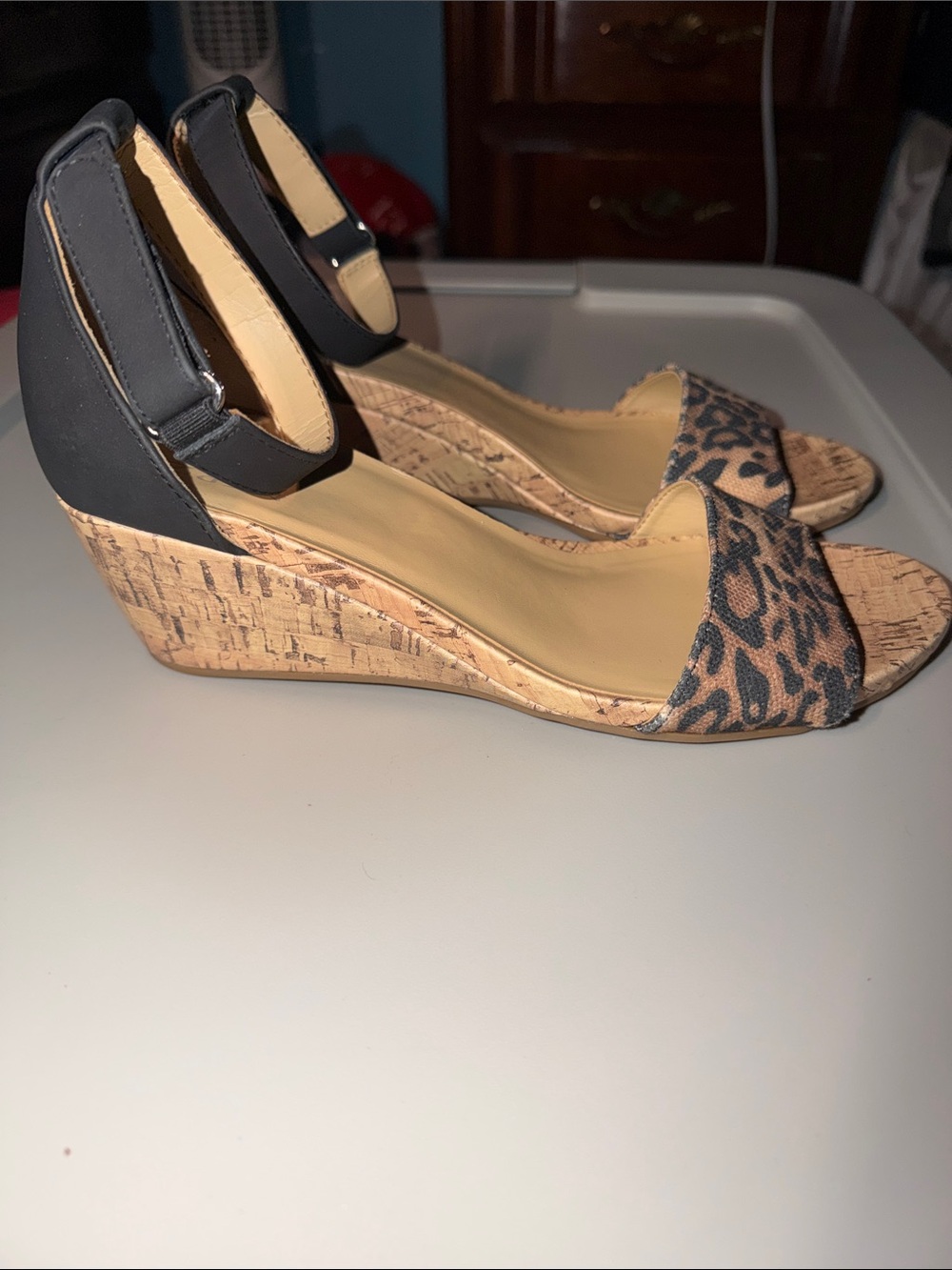 Naturalizer Leopard Print Cork Wedge Sandals with Black Ankle Strap - Picture 5 of 7